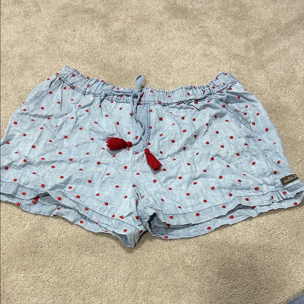Light Blue chambray Polka Dot Lounge Shorts with Red Tassels size Med